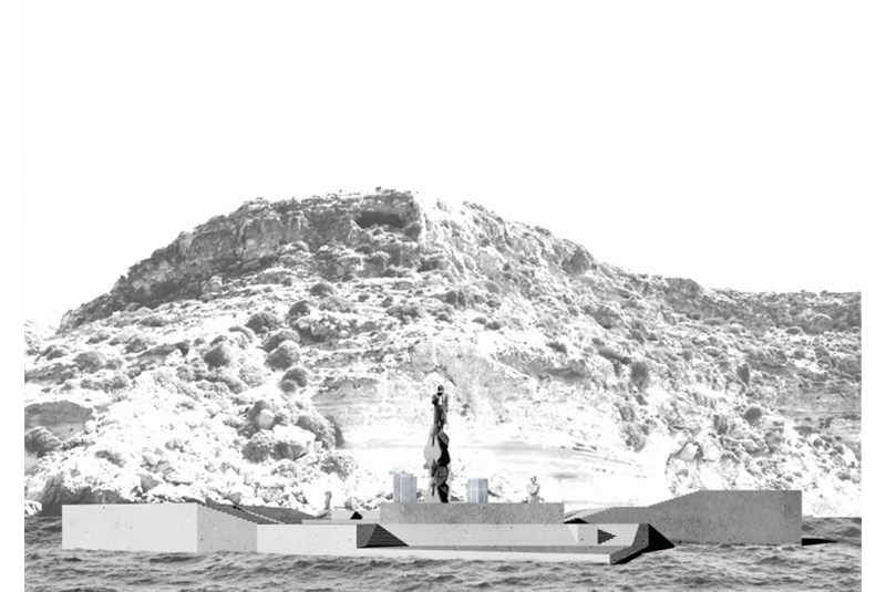 Fig. 3
L&rsquo;approdo al monumento dal
mare. In primo piano la presenza
del Capit&aacute;n Nemo. In secondo
piano le figure di Paula, Vida
e Ofrenda.