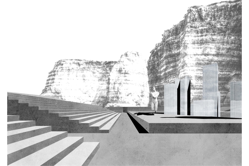Fig. 7
The stands are accessible exclusively
from the central space,
further articulated by the syntactic order
of the semi-transparent columns. Fig. 7
The stands are accessible exclusively
from the central space,
further articulated by the syntactic order
of the semi-transparent columns.