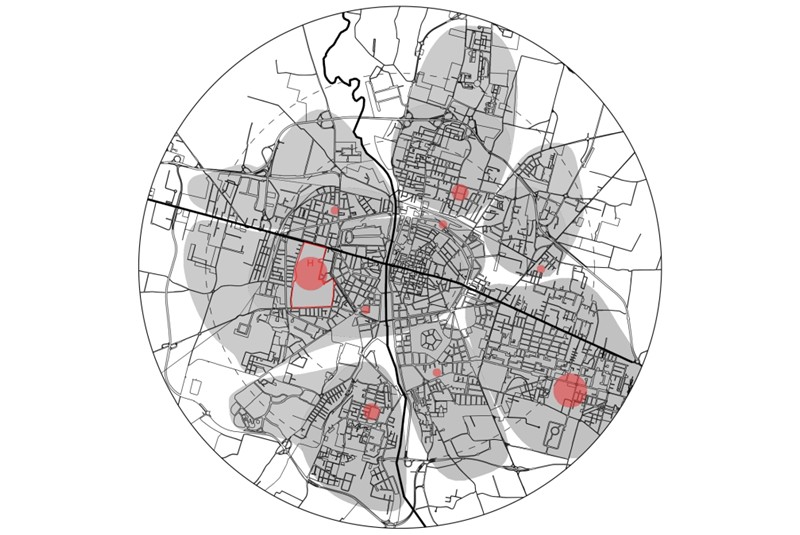 Fig. 8
Criterio analitico 1: dotazione e sistematicit&agrave; distributiva dei Centri di Salute Comunitaria alla scala territoriale e urbana.
&copy;UALab, Ricerca UNIPR