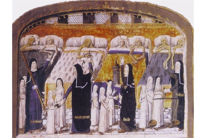 Fig. 8
Paris, Mus&eacute;e de l'AP-HP, Jehan Henry, Livre de vie active de l&rsquo;H&ocirc;tel-Dieu de Paris, ms. n. 59, fol. 77, Cura dei malati, 1482 (https://www.calameo.com/read/0040218272001b4dbfc02). 