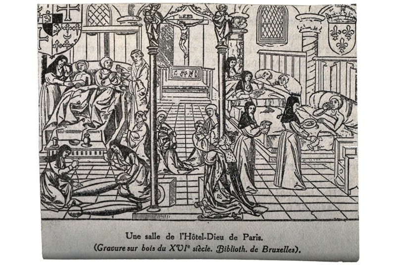 Fig. 9
Parigi, H&ocirc;tel-Dieu, incisione su legno, circa 1500 (https://iiif.wellcomecollection.org/image/V0014307/full/full/0/default.jpg).