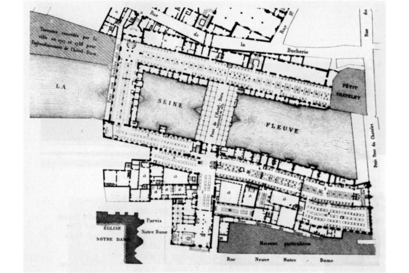 Fig. 25 - Pianta della cattedrale di Notre Dame e dell'H&ocirc;tel-Dieu prima dell'incendio del 1772 / Plan of Notre Dame Cathedral and the H&ocirc;tel-Dieu before the fire of 1772.