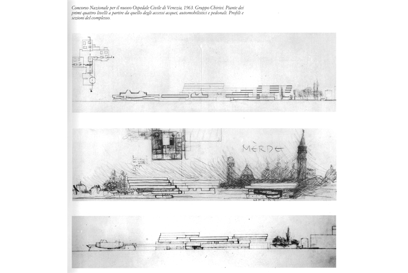 Fig. 103 -
Romano Chirivi, Costantino Dardi, Emilio Mattioni, Valeriano Pastor e Luciano Semerani, Progetto &ldquo;Tadzio&rdquo; al concorso per il nuovo ospedale di Venezia, 1963. Sezioni / &ldquo;Tadzio&rdquo; project in the competition for the new hospital in Venice, 1963. Section.
