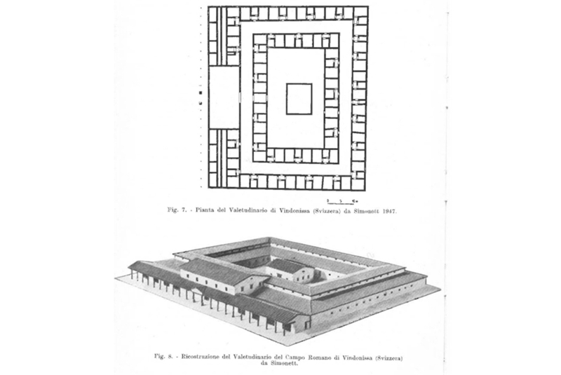Fig. 13-14 - Pianta e ricostruzione del Valetudinario di Vengadissa in Svizzera / Plan and reconstruction of the Valetudinario of Vengadissa in Switzerland.