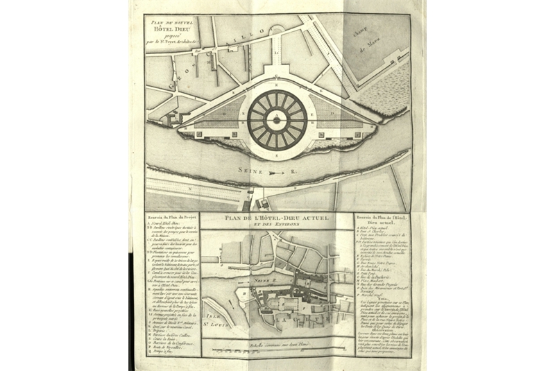 Figg. 56
- Bernard Poyet, Progetto per la ricostruzione dell'Hotel Dieu, Parigi (primo progetto), 1785. Planimetria / Project for the reconstruction of the Hotel Dieu, Paris (first project), 1785. General Plan.