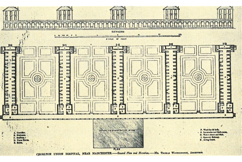 Figg. 73
- Thomas Worthington, Infermeria della Workhouse di Chorlton Union, 1865. Pianta. / Chorlton Union Workhouse Infirmary. Plan.