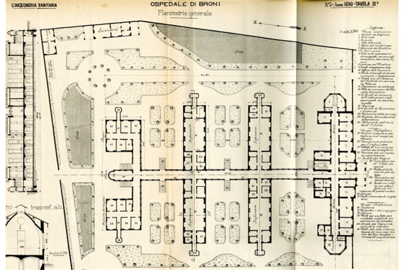 Figg. 75
- Febo Bottini, Ospedale modello Carlo Arnaboldi Gazzaniga di Broni, Pavia, 1889-90 / Carlo Arnaboldi Gazzaniga di Broni model hospital.