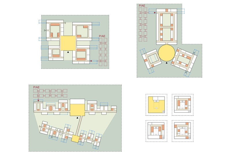 Fig. 4
Studi tipologici modello superHub:
Tipologia a corti specializzate
Tipologia a raggiera
Tipologia aggregato aperto
Tipologia multilivello
©UALab, Ricerca UNIPR Fig. 4
Studi tipologici modello superHub:
Tipologia a corti specializzate
Tipologia a raggiera
Tipologia aggregato aperto
Tipologia multilivello
©UALab, Ricerca UNIPR