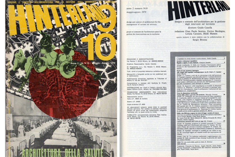 Figg. 1-2
Copertina e indice della rivista Hinterland, n. 9-10, intitolato Architettura della salute.