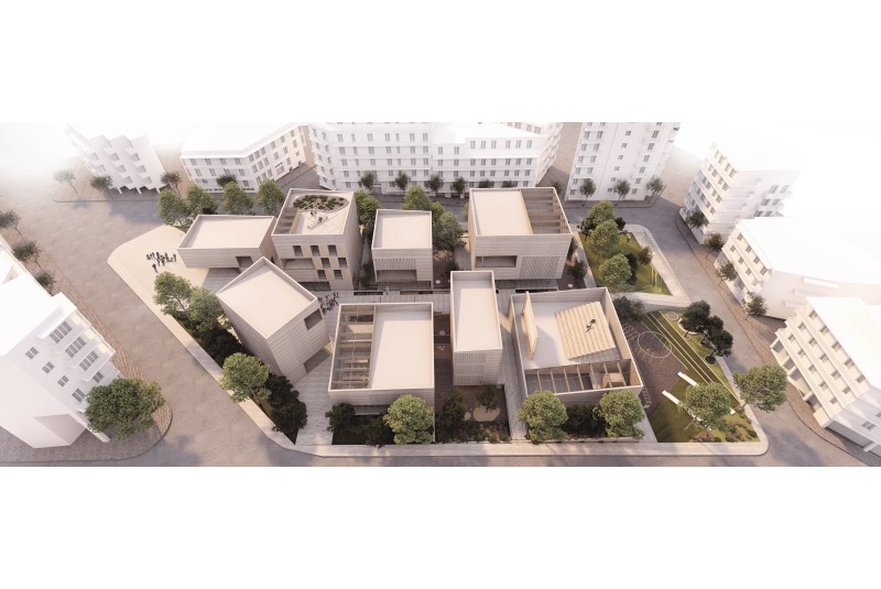 Fig. 4
Fiore Architects, Fiore Architects, Urban complex for welfare services in Thessaloniki, 2019. View of the complex from above (render).
&copy; Fiore Architects