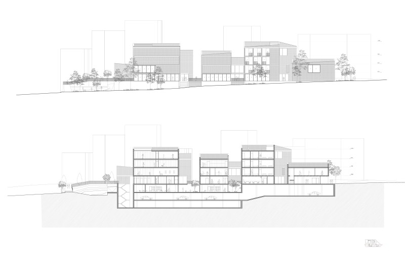 Fig. 7
Fiore Architects, Fiore Architects, Urban complex for welfare services in Thessaloniki, 2019. Elevation and section.
&copy; Fiore Architects