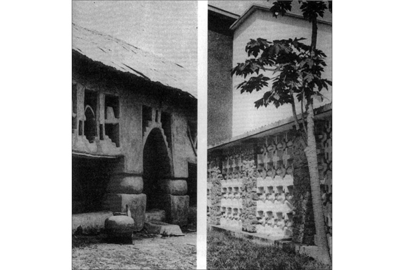 Fig. 2
Ulli Beier, Art in Nigeria (1960):
comparazione tra lo screen wall
dell'University College a Ibadan
(a destra) e di una architettura
tradizionale yoruba (a sinistra). Fig. 2
Ulli Beier, Art in Nigeria (1960):
comparazione tra lo screen wall
dell'University College a Ibadan
(a destra) e di una architettura
tradizionale yoruba (a sinistra).