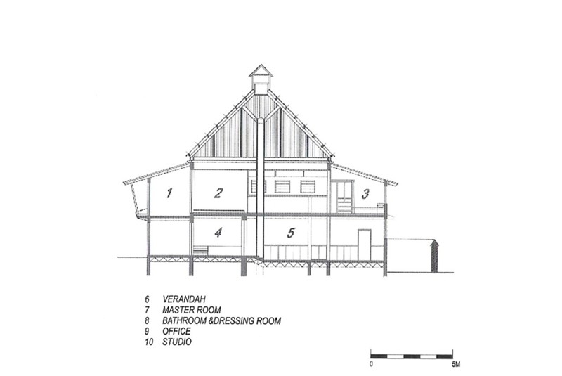 Fig. 10
Residenza di Demas Nwoko,
Idumuje, Ugboko (1976): sezione
trasversale sulla stanza principale
con il volume del tetto a
quattro falde. Fig. 10
Residenza di Demas Nwoko,
Idumuje, Ugboko (1976): sezione
trasversale sulla stanza principale
con il volume del tetto a
quattro falde.