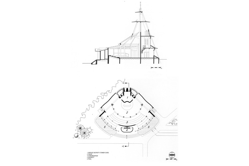 Fig. 12
Chapel of the Dominican Institute
in Ibadan (1970-1975): plan
and longitudinal section.