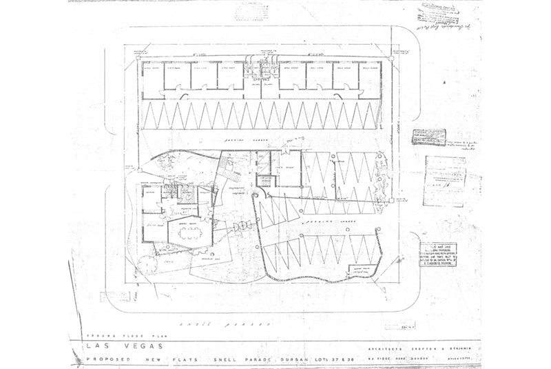 Fig. 4
Crofton & Benjamin, pianta del
piano terra, Edificio Las Vegas,
Durban 1956 (Courtesy Joan
Stannard).