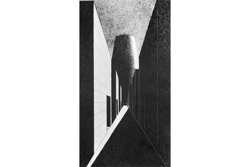 Fig. 19
Aldo Rossi with Gianni Braghieri, Prospettiva dal corridoio centrale fra gli ossari verso la Fossa comune, Project, L’azzurro del cielo, winner of the National Contest for ideas for the new Cemetery of Modena, 1972.
From «Controspazio» magazine, no. 10, October 1972, p. 9. Fig. 19
Aldo Rossi with Gianni Braghieri, Prospettiva dal corridoio centrale fra gli ossari verso la Fossa comune, Project, L’azzurro del cielo, winner of the National Contest for ideas for the new Cemetery of Modena, 1972.
From «Controspazio» magazine, no. 10, October 1972, p. 9.