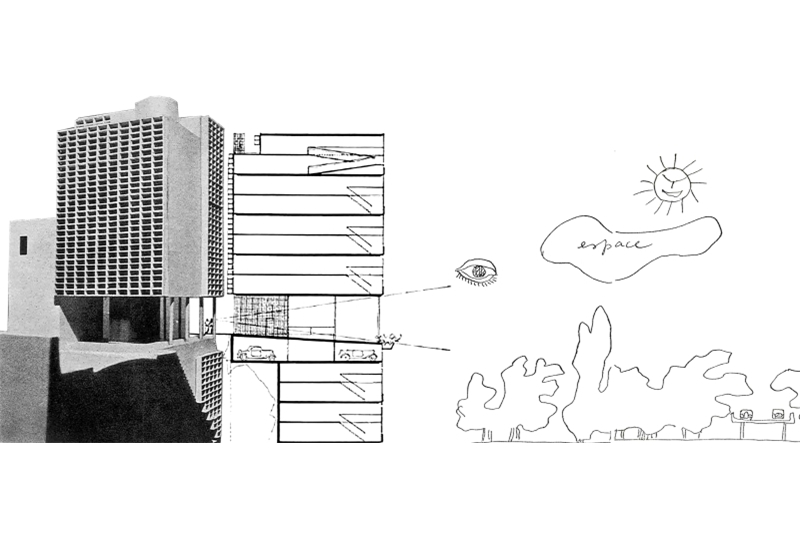 Fig. 12
Collage del modello e della sezione
dell&rsquo;edificio Ponsik di Le
Corbusier. &copy;Manlio Michieletto.