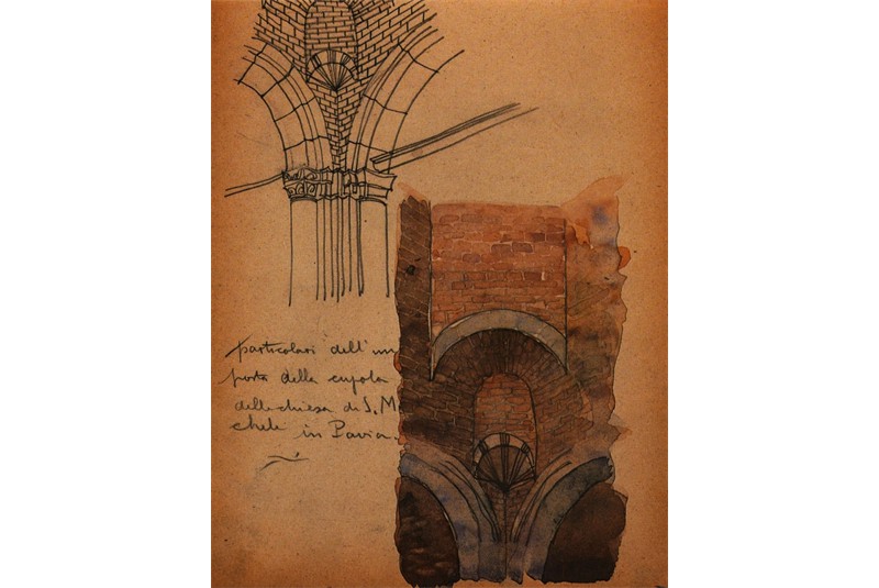 Fig. 14
Piero Bottoni, Particolari dell&rsquo;imposta
della cupola della chiesa
di S. Michele in Pavia, schizzi da
un taccuino di studio, matita e
acquarello su carta, cm 20x16.
(G. Consonni, L. Meneghetti, G.
Tonon (a cura di), Piero Bottoni
opera completa, Fabbri Editori,
Milano 1990, p. 33).