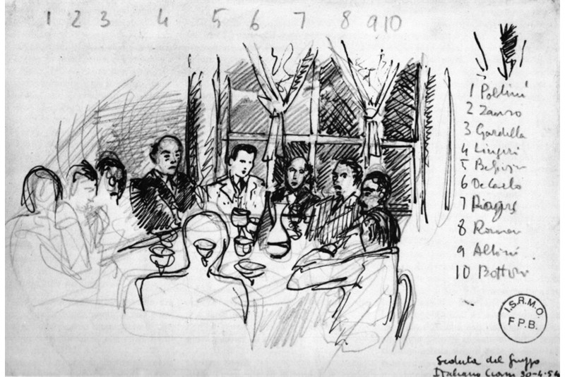 Fig. 19
The meeting of the Italian CIAM Group on April 30, 1954, in a drawing by Piero Bottoni. (G. Consonni, L. Meneghetti, G. Tonon (eds.), Piero Bottoni opera completa, Fabbri Editori, Milan 1990, p. 415). Fig. 19
The meeting of the Italian CIAM Group on April 30, 1954, in a drawing by Piero Bottoni. (G. Consonni, L. Meneghetti, G. Tonon (eds.), Piero Bottoni opera completa, Fabbri Editori, Milan 1990, p. 415).