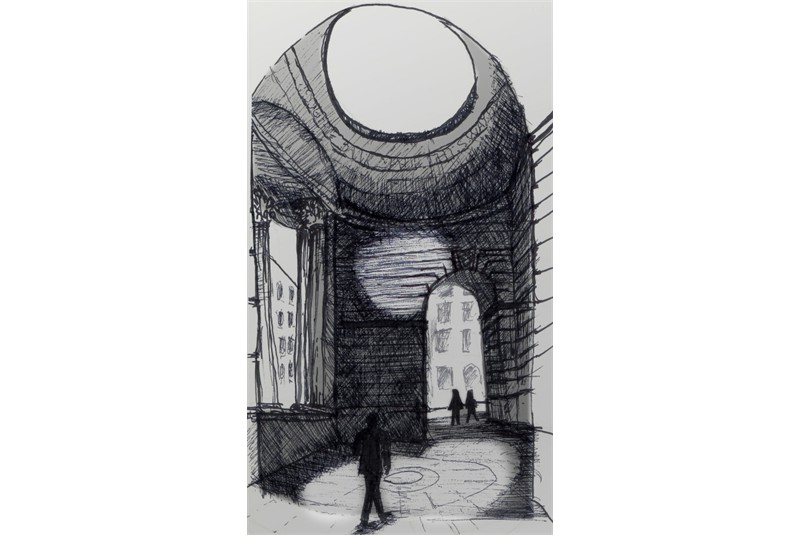 Fig. 5
Interior passage of the Tivoli Corner between Lothbury and Princes Street. Sketch by Aleksa Korolija, July 2025.