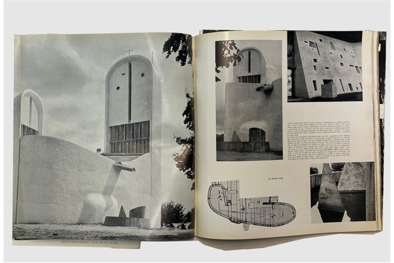Fig. 9
Le Corbusier. The church of Notre Dame du Haut in Ronchamp, article published in &laquo;Casabella Continuit&agrave;&raquo; n. 207, 1955. Text by Le Corbusier and layout by Gae Aulenti.