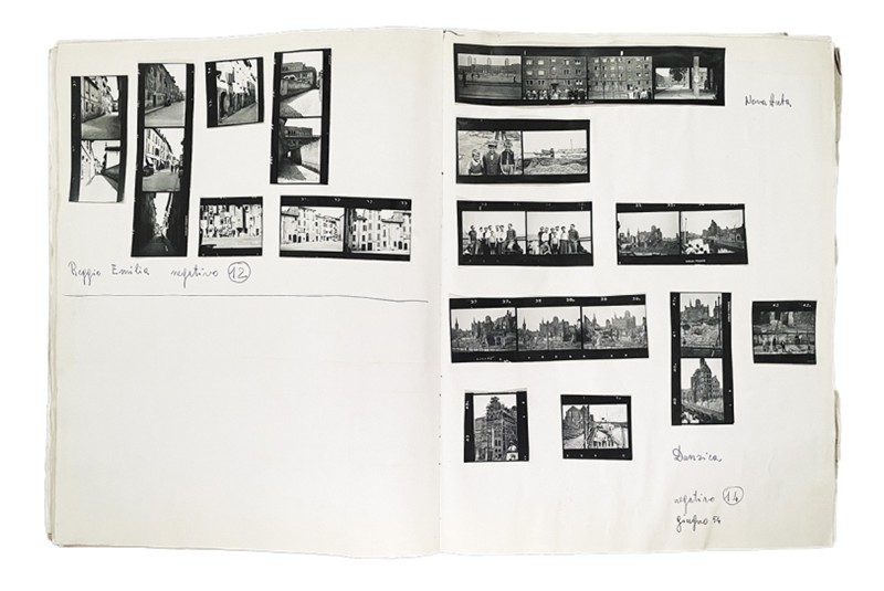 Fig. 14
Photos from Gae Aulenti's album containing contact sheets. On the double page, the contact sheets of Reggio Emilia (on the left) and Nowa Huta (on the right). Gae Aulenti Archive.