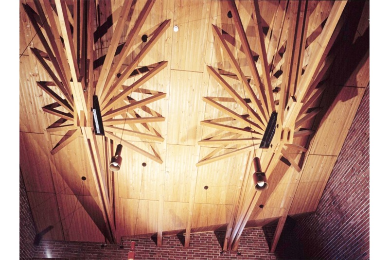 Fig. 20
A.Aalto Municipio di Säynätsalo
(1949-52), Vista del sistema dei
sostegni della copertura della
sala consiliare. Fig. 20
A.Aalto Municipio di Säynätsalo
(1949-52), Vista del sistema dei
sostegni della copertura della
sala consiliare.