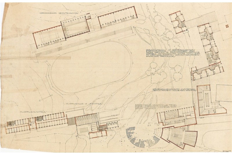 Fig. 23
A.Aalto Campus di Jyväskylä
(1951-71), Pianta di concorso del
piano terreno. Fig. 23
A.Aalto Campus di Jyväskylä
(1951-71), Pianta di concorso del
piano terreno.