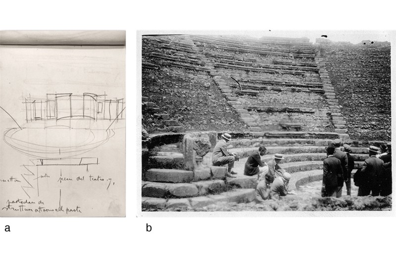 Fig. 5
a) Sketch by P. Bottoni depicting the stage and doors of the theatre in Pompeii and the detail of the structure around the doors («la scena e le porte del teatro di Pompei e il particolare di struttura attorno alle porte»), APB, Notebook n.9, p. 9); b) Students sketching the theatre stage at Pompeii, under the gaze of Prof. C. Fratino (APB, photographic collection). Fig. 5
a) Sketch by P. Bottoni depicting the stage and doors of the theatre in Pompeii and the detail of the structure around the doors («la scena e le porte del teatro di Pompei e il particolare di struttura attorno alle porte»), APB, Notebook n.9, p. 9); b) Students sketching the theatre stage at Pompeii, under the gaze of Prof. C. Fratino (APB, photographic collection).