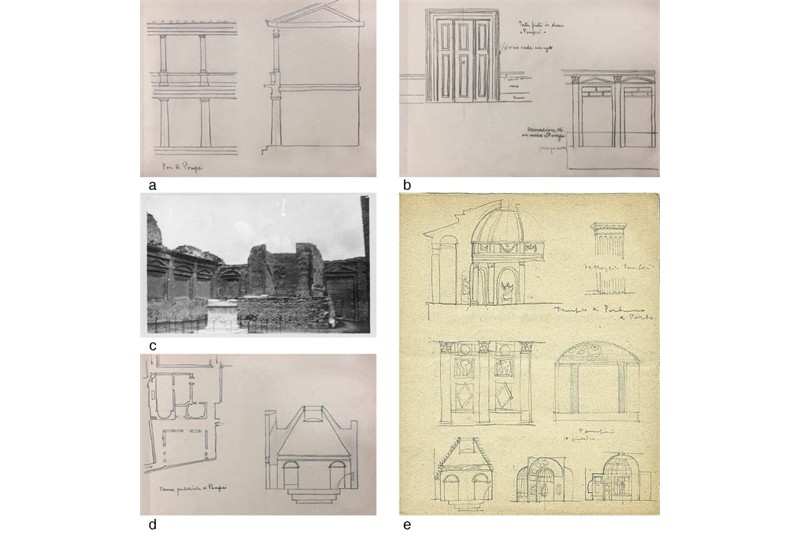 Fig. 6
Forum and Forum Baths. a), b), d) Sketches by G. Pollini (Fondo MART, Notebook 9), c) Temple of Vespasian in the Forum (APB, photographic collection); e) Sketches by L. Figini (AAF Milano). Fig. 6
Forum and Forum Baths. a), b), d) Sketches by G. Pollini (Fondo MART, Notebook 9), c) Temple of Vespasian in the Forum (APB, photographic collection); e) Sketches by L. Figini (AAF Milano).