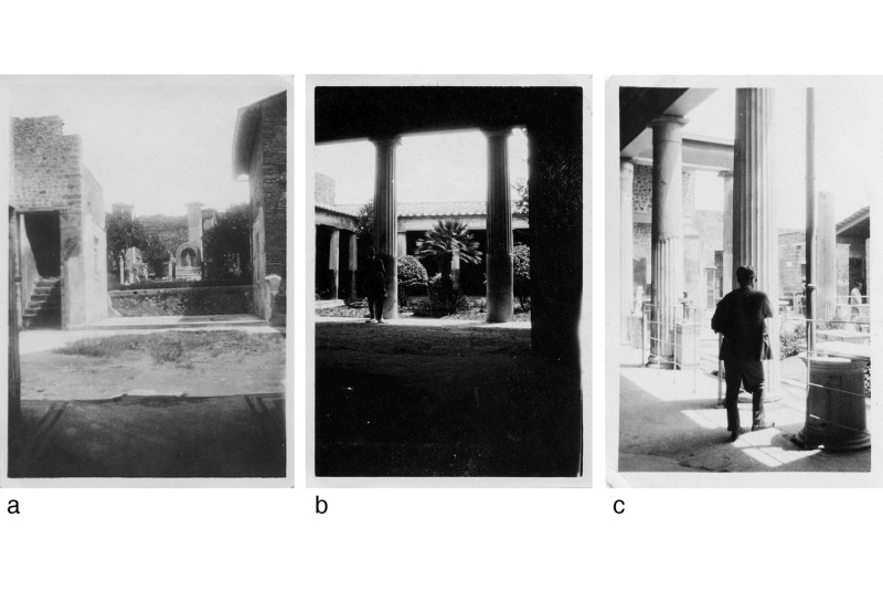 Fig. 8
From APB photographic collection, a) House of Marcus Lucretius Fronto, b) (possibly) Domus of the Silver Wedding, on the back: «Interno di una casa in fondo Pacanowsky. Foto fatta nell'atrio verso il tablinum (dove è Pacanowsky) in fondo il peristilio»; c) House of Vettii. Fig. 8
From APB photographic collection, a) House of Marcus Lucretius Fronto, b) (possibly) Domus of the Silver Wedding, on the back: «Interno di una casa in fondo Pacanowsky. Foto fatta nell'atrio verso il tablinum (dove è Pacanowsky) in fondo il peristilio»; c) House of Vettii.