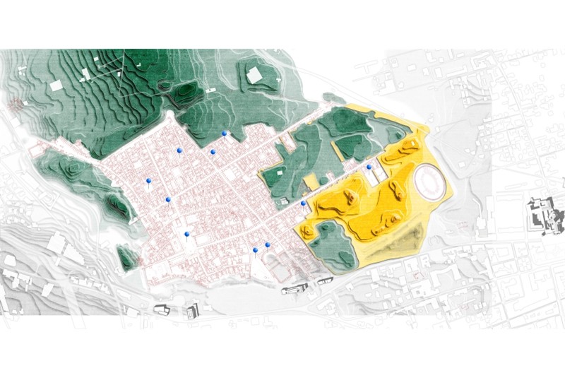 Fig. 10
Plan of Pompeii archaeological area and new town in 1926. In green: embankments not yet excavated at present; in yellow: embankments still to be excavated (new excavations) in the year of the trip. Blue pins indicate documented sites of visit (L. Ferro, PoliMi). Fig. 10
Plan of Pompeii archaeological area and new town in 1926. In green: embankments not yet excavated at present; in yellow: embankments still to be excavated (new excavations) in the year of the trip. Blue pins indicate documented sites of visit (L. Ferro, PoliMi).