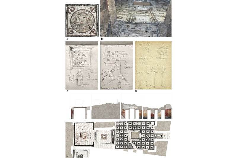 Fig. 12
House of Paquius Proculus, Regio I, ins. 7.1. a) Nilotic mosaic uncovered in the triclinium on the portico (photo by L. Ferro); b) Detail of the atrium (foto L. Ferro); c) Sketches from P. Bottoni notebook (APB, Politecnico di Milano); d) Sketches from L. Figini notebook (AAF Milano); e) Drawing of the atrium and tablinii (L. Ferro_PoliMi). Fig. 12
House of Paquius Proculus, Regio I, ins. 7.1. a) Nilotic mosaic uncovered in the triclinium on the portico (photo by L. Ferro); b) Detail of the atrium (foto L. Ferro); c) Sketches from P. Bottoni notebook (APB, Politecnico di Milano); d) Sketches from L. Figini notebook (AAF Milano); e) Drawing of the atrium and tablinii (L. Ferro_PoliMi).
