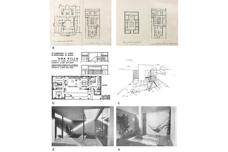 Fig. 14
a) G. Pollini, Comparative plans of the Domus, Notebook n. 7, 1925 (Fonte: MART); b) the Casa Elettrica, Manifesto, IV Triennale 1929-1930; c, d, e) L. Figini, House at the Journalists' Village, Milan, 1933, sketch of the terrace-garden (Protasoni 2010, p. 50 and Figini 1950). Fig. 14
a) G. Pollini, Comparative plans of the Domus, Notebook n. 7, 1925 (Fonte: MART); b) the Casa Elettrica, Manifesto, IV Triennale 1929-1930; c, d, e) L. Figini, House at the Journalists' Village, Milan, 1933, sketch of the terrace-garden (Protasoni 2010, p. 50 and Figini 1950).