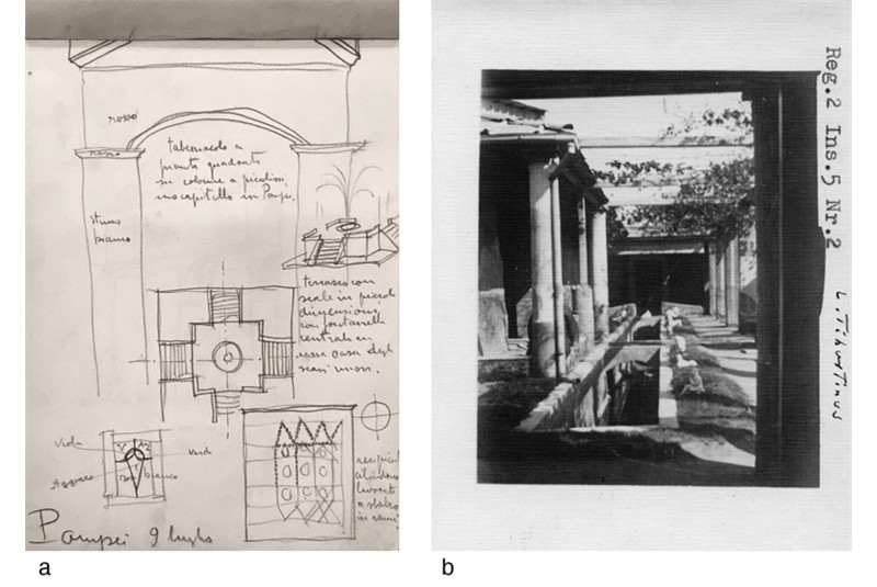 Fig. 13
House of Loreius Tiburtinus, Regio II, ins. 5.2. a) Sketches from P. Bottoni's notebook (APB, Politecnico di Milano); b) Photograph of the house in the 1920s (Archivio Storico PA-Pompei - Pompeiisites). Fig. 13
House of Loreius Tiburtinus, Regio II, ins. 5.2. a) Sketches from P. Bottoni's notebook (APB, Politecnico di Milano); b) Photograph of the house in the 1920s (Archivio Storico PA-Pompei - Pompeiisites).