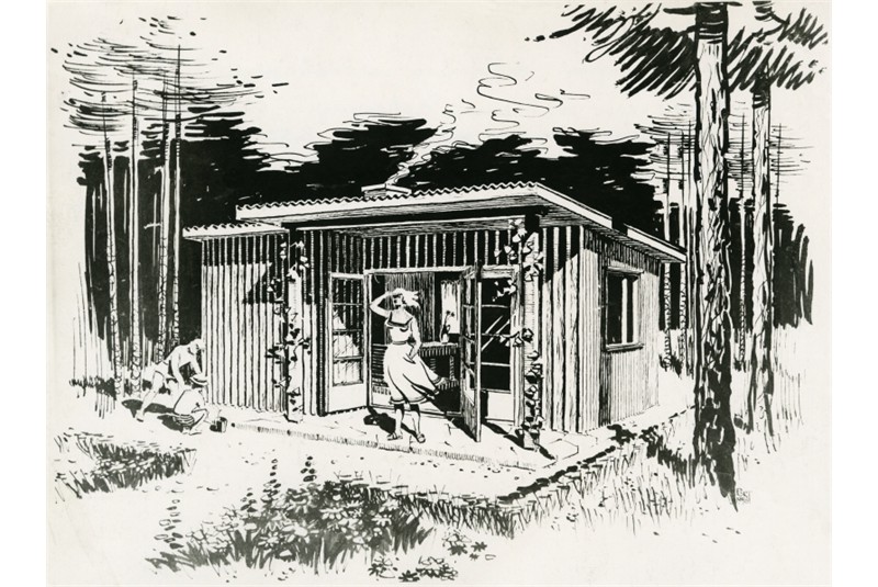 Fig. 7
A project for a standard summer house made of prefabricated wooden panels. Perspective view. Architects Mart Port and Ülo Ellandi. Estonprojekt, 1958. Courtesy of Estonian Museum of Architecture. Fig. 7
A project for a standard summer house made of prefabricated wooden panels. Perspective view. Architects Mart Port and Ülo Ellandi. Estonprojekt, 1958. Courtesy of Estonian Museum of Architecture.