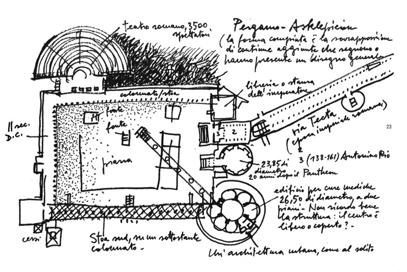 Fig. 1 - Carlo Aymonino, Ridisegno
dell&rsquo;Asklepeion di Pergamo con
appunti / Redrawing of
the Asklepeion of Pergamon with
notes. Da/From: Carlo Aymonino,
Disegni 1972-1997. Federico
Motta.