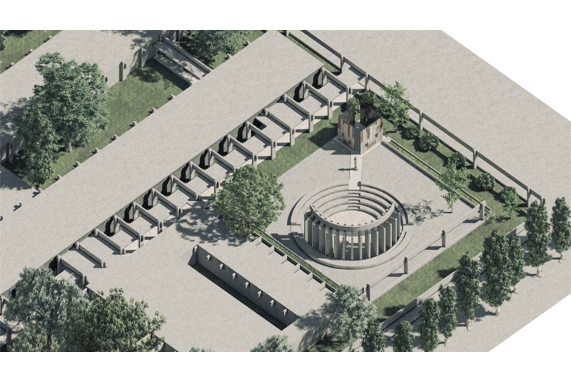 Fig. 2
Vista a volo d&rsquo;uccello della piazza
con accesso-propilei e teatro
all&rsquo;aperto sul sedime della cappella
mai costruita.