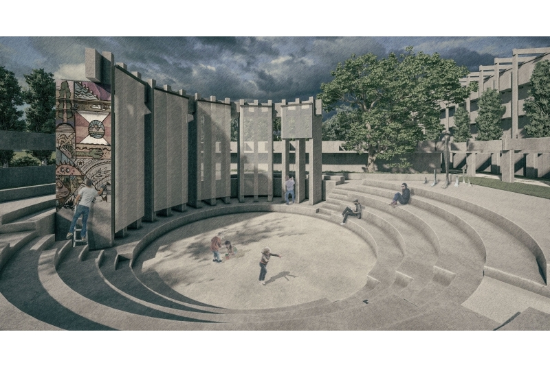 Fig. 4
Vista del teatro all&rsquo;aperto posto
al di sotto del piano di campagna
del sito.