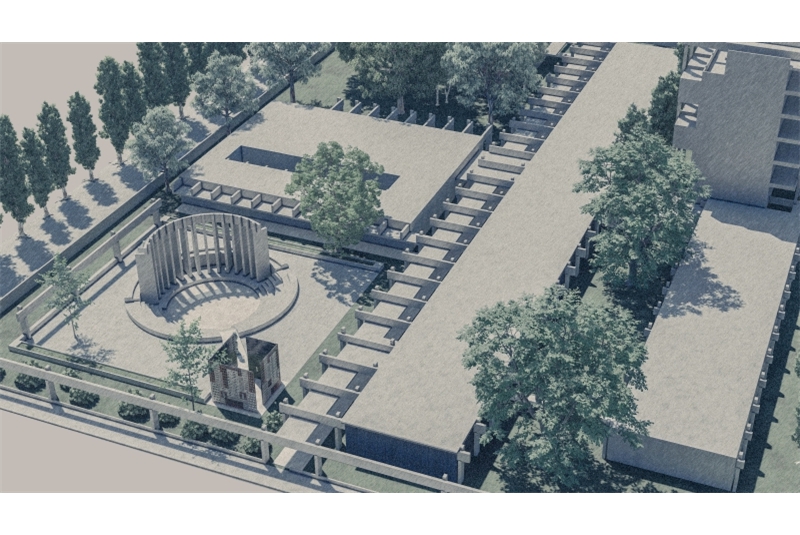 Fig. 3
Vista a volo d&rsquo;uccello della piazza
con accesso-propilei e teatro
all&rsquo;aperto sul sedime della cappella
mai costruita.