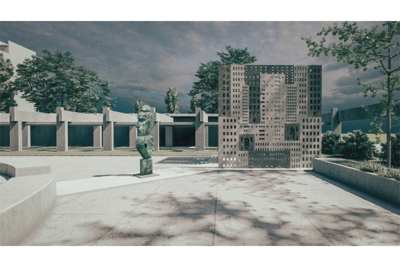 Fig. 6
Vista della scultura d&rsquo;accesso
in acciaio traforato e trattato e la
statua Tra memoria e oblio.