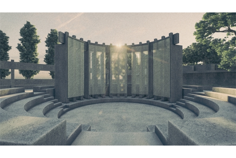 Fig. 5 View of the open-air theater, detail of the screens for nighttime video projections.